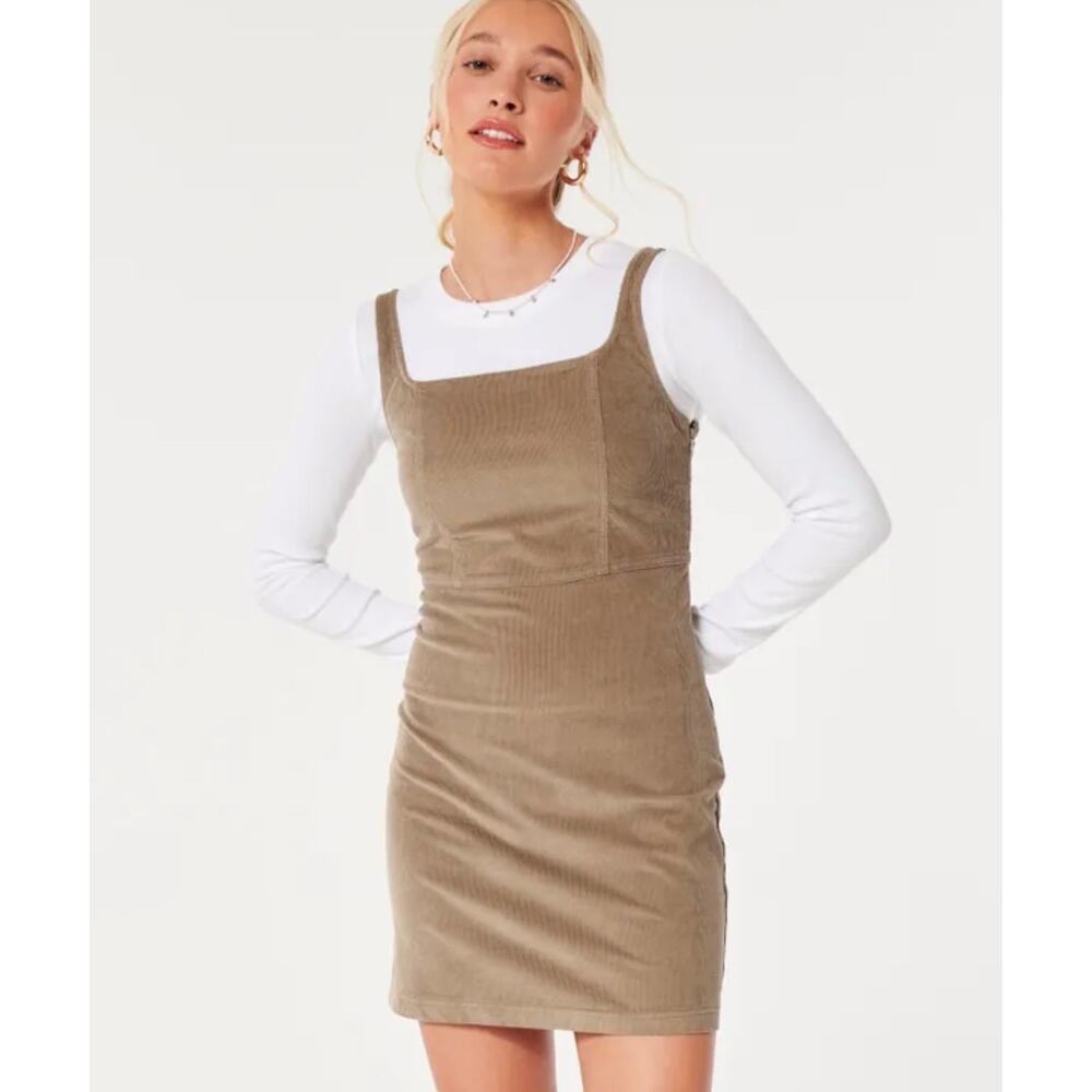 🔥Hollister Brown Corduroy Pinafore Farmhouse Y2K Mini Stretch Dress Size XS